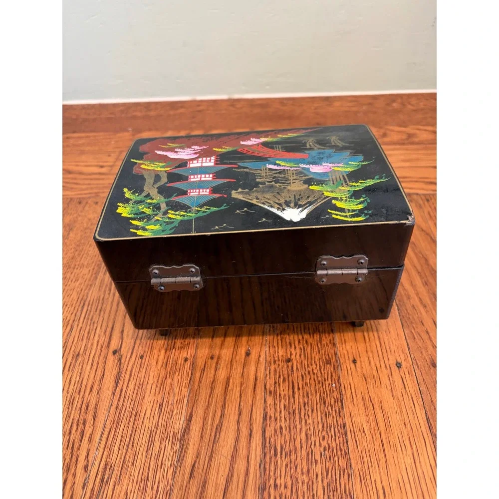 Vintage Japanese Lacquer Music Jewelry Box Ballerina Mt Fuji Pagoda Black Red